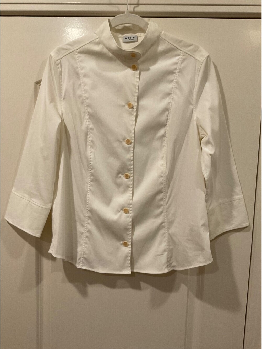 Akris Punto Ivory Mandarin Stand Collar 3/4 Sleeve Cotton Blouse Shirt S12 NWT